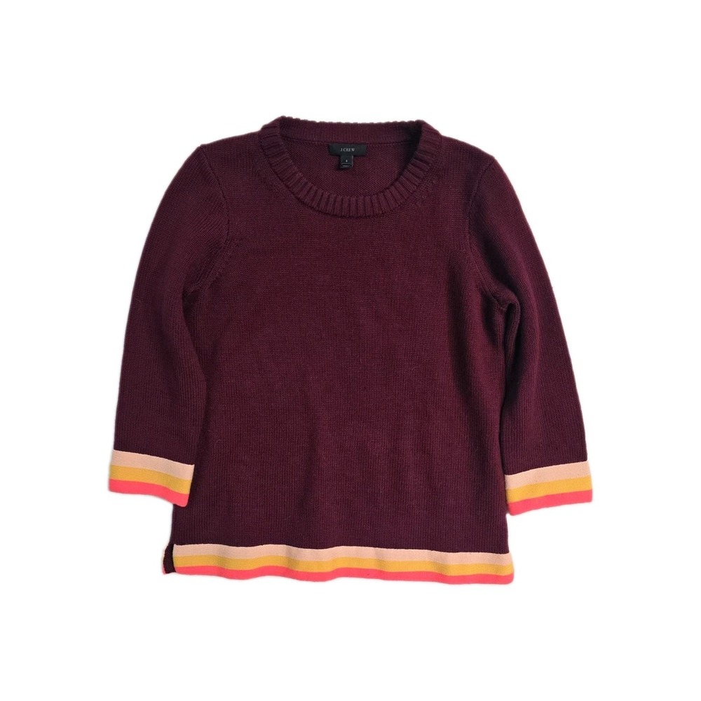 J. Crew Women's S Burgundy with Neon Stripe Trim Sweater 3/4 Sleeve Wool
